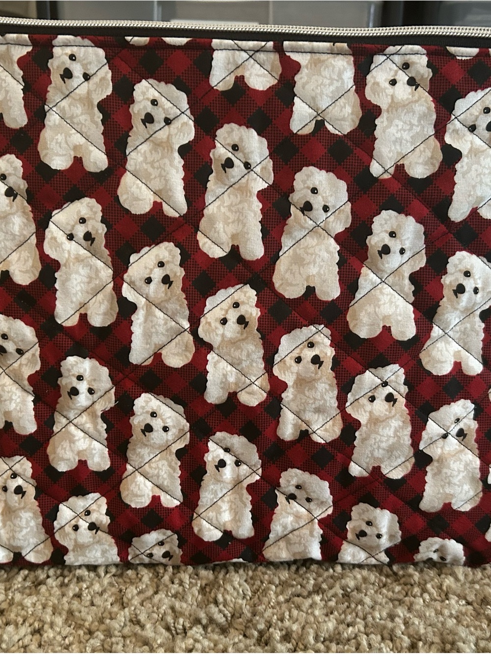 Hand Crafted Red Plaid Quilted Laptop Pouch with White Bichon Pattern